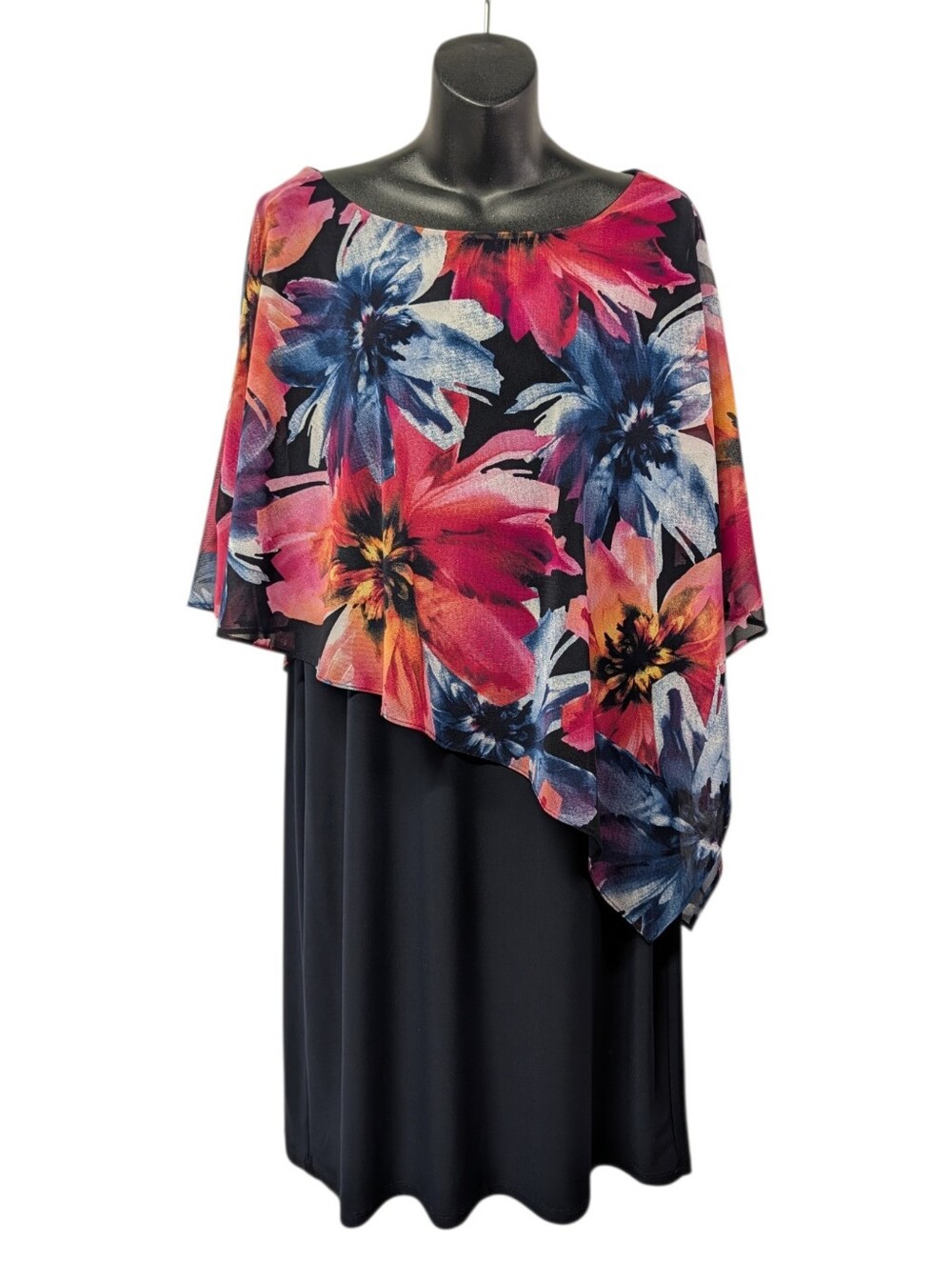 Soft Works Women's Black Floral Chiffon Overlay Shift  Dress Scoop Neck 3/4 L